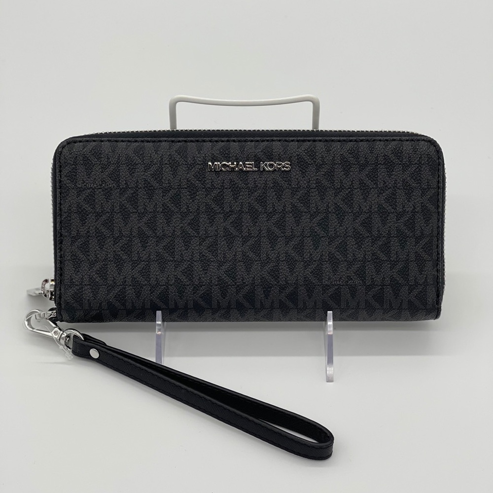 AUTHENTIC Michael Kors Black Logo Zip-Around Wristlet Wallet
